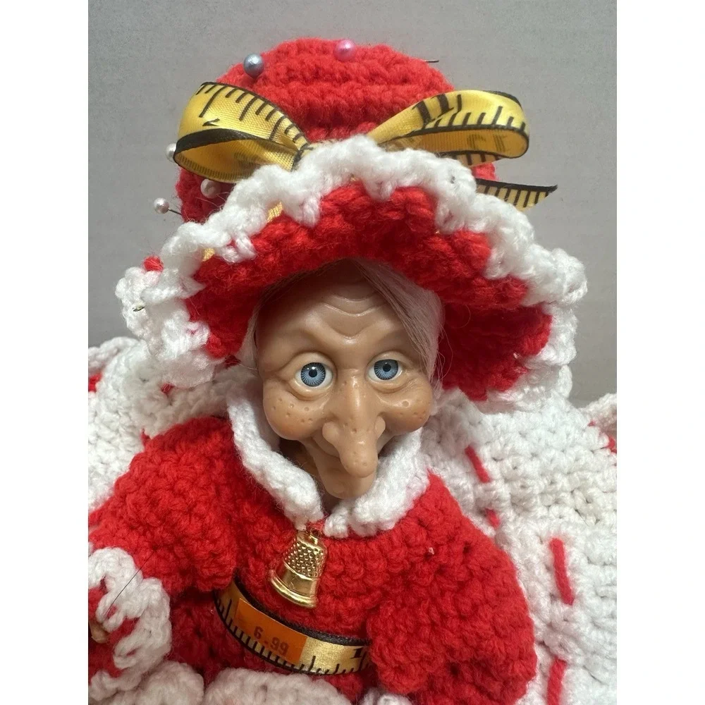 Hand‎ Crocheted Thread Caddy Cone Doll Red And White Pincushion RARE